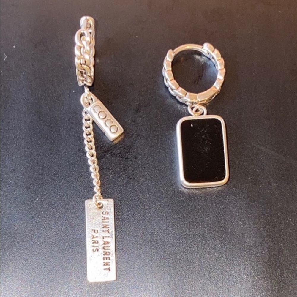 Black Birth Stone & Bar Hoop Saint Laurent 925K Sterling Silver Earrings Used